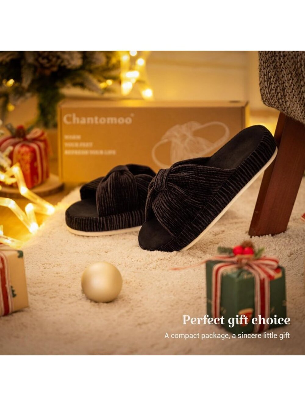 Women's Black Memory Foam House Corduroy Bow Crossbands Comfy Slipper Shoes - Picture 4 of 4